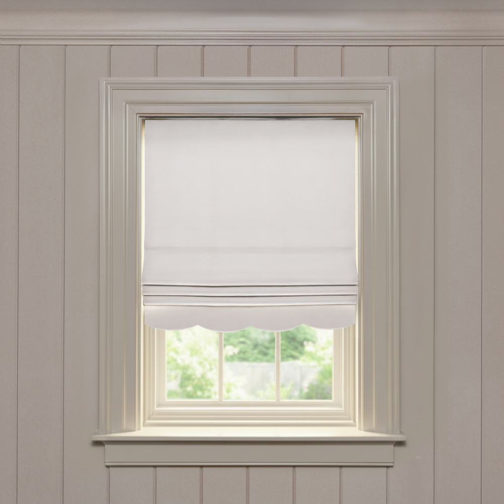 Flour Scalloped Roman shade in soft linen fabric with scalloped edge, made-to-order for a clean, tailored look