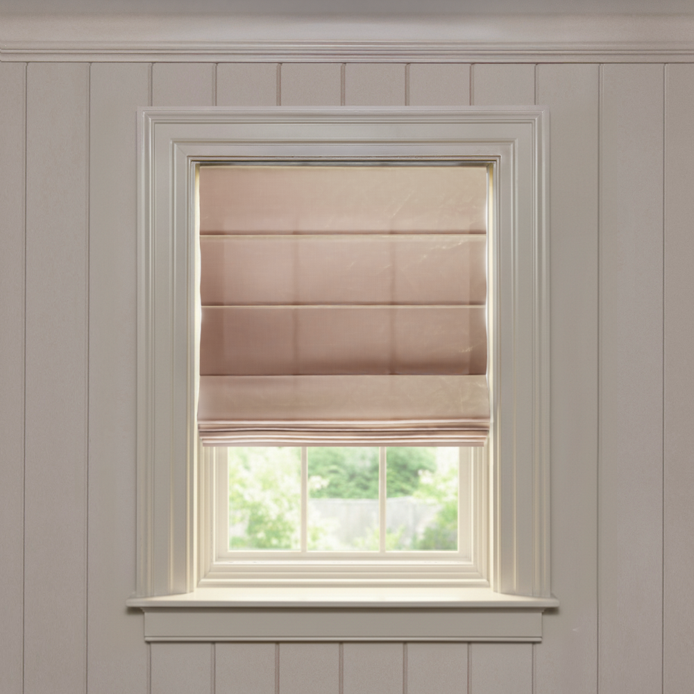 Blush Knife Pleat roman shade in soft silk fabric, made-to-order with quick turnaround, crafted and manufactured in the USA