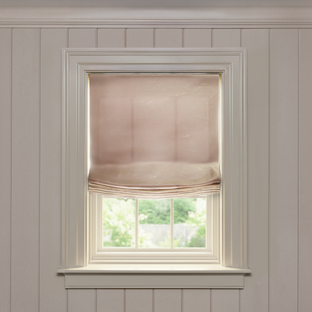 Blush Relaxed roman shade in soft solid silk, made-to-order with short lead times, manufactured in the USA