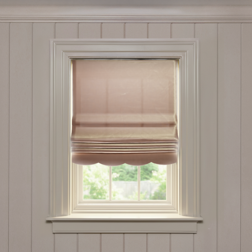 Blush Scalloped roman shade in soft blush silk with scalloped hem, made-to-order, short lead times, manufactured in the USA