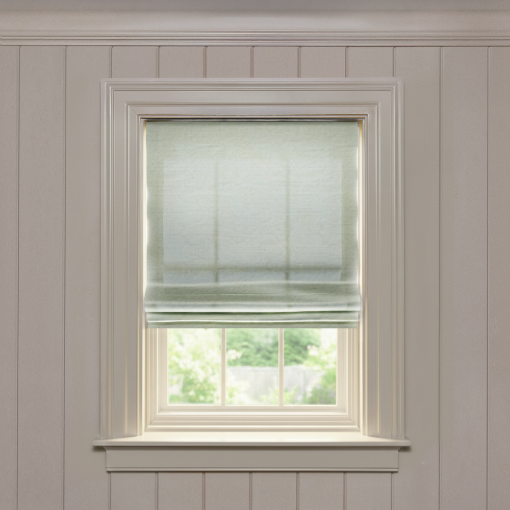 Julep Flat custom roman shade in soft green silk, made-to-order with short lead times, manufactured in the USA