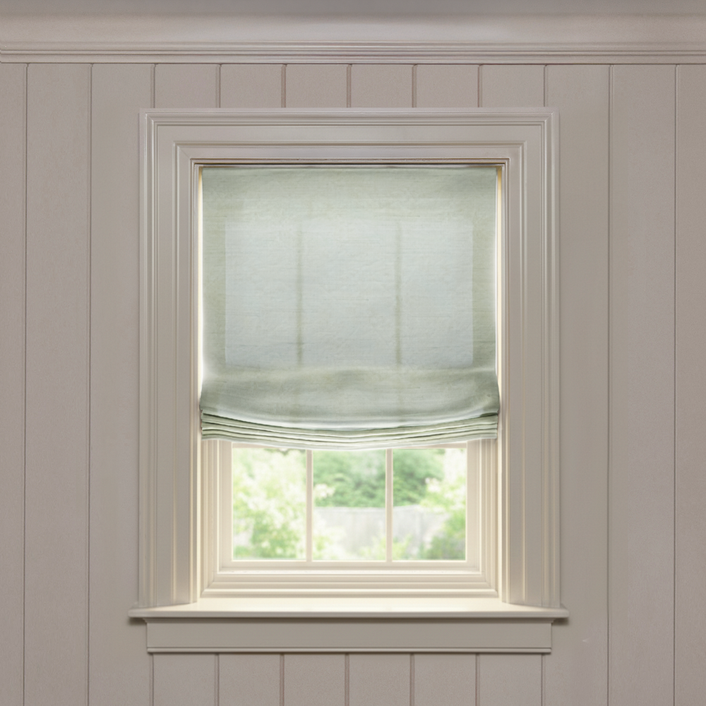 Julep Relaxed roman shade in soft green silk, made-to-order with short lead times, manufactured in the USA
