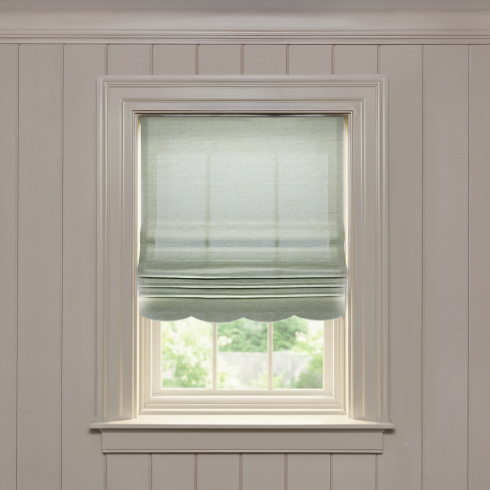 Julep Scalloped roman shade in soft green silk with scalloped edge, made-to-order, quick delivery, manufactured in the USA