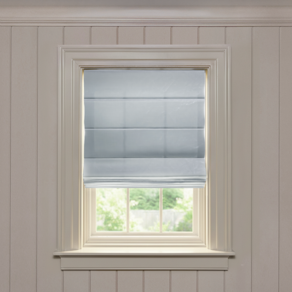 Slate Knife Pleat custom roman shade in soft slate silk, made-to-order with short lead times, crafted and manufactured in the USA
