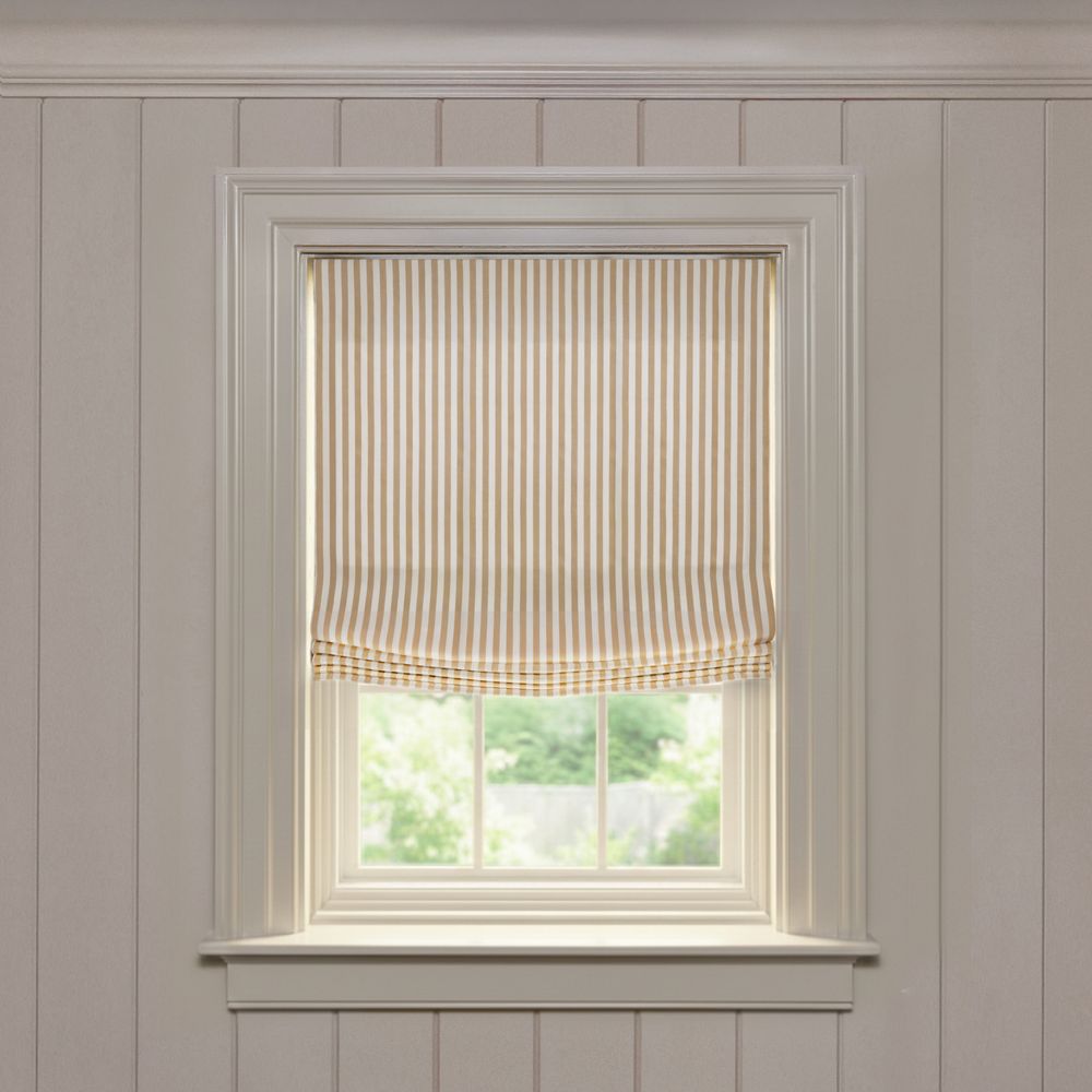Louisa Camel Relaxed custom Roman shade with soft camel stripes, made-to-order designer window treatment in light fabric