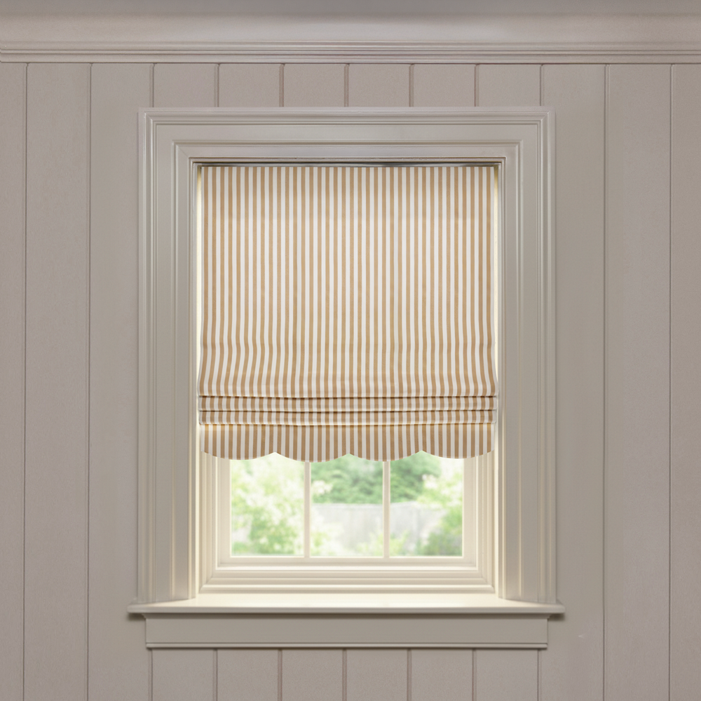 Louisa Camel Scalloped custom Roman shade with soft camel stripes and scalloped hem, quality made-to-order window treatment