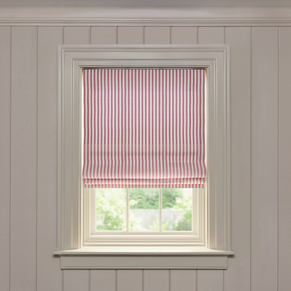 Louisa Cranberry Flat fast custom made-to-order Roman shade in soft woven fabric with cranberry vertical stripes