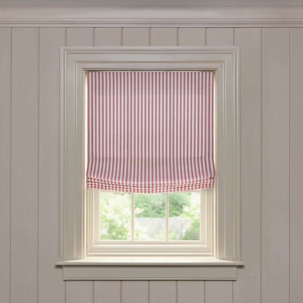 Louisa Cranberry Relaxed custom Roman shade with vertical cranberry stripes, quality made-to-order window treatment