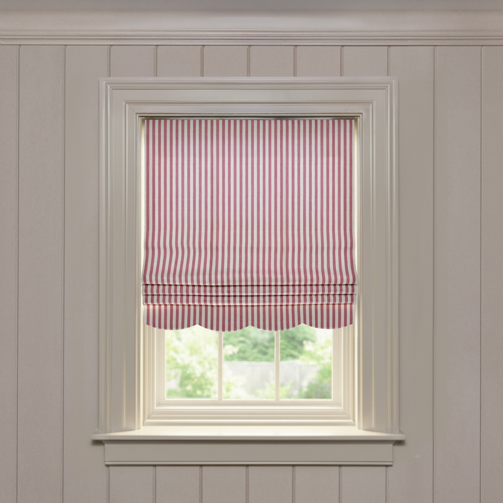 Louisa Cranberry Scalloped custom Roman shade with vertical red stripes and scalloped hem, quality made-to-order window treatment
