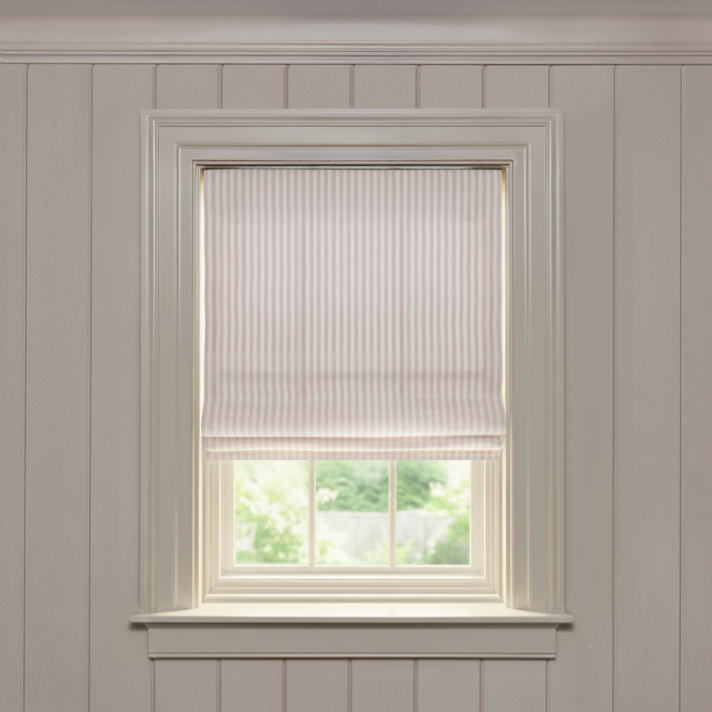 Louisa Petal Flat made-to-order Roman shade in soft woven fabric with delicate vertical petal stripes, customizable design