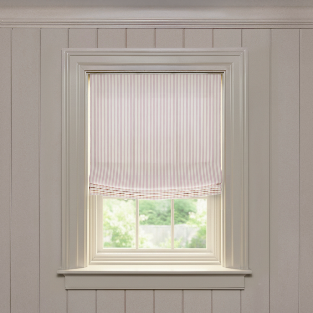 Louisa Petal Relaxed custom Roman shade with soft pink vertical stripes, made-to-order quality designer window treatment