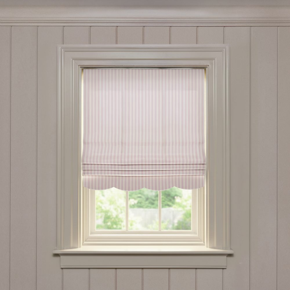Louisa Petal Scalloped custom Roman shade with soft pink vertical stripes and scalloped hem, made-to-order quality window treatment