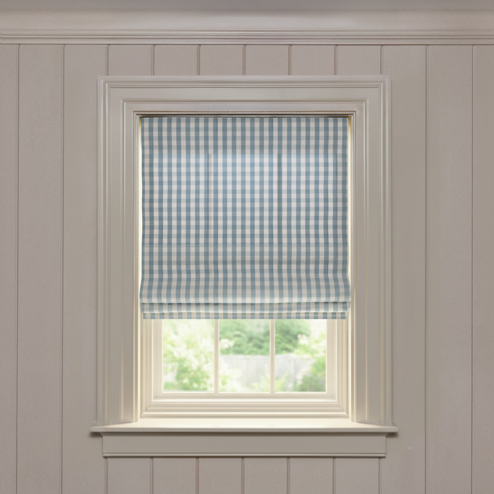 Millie Harbor Flat made-to-order Roman shade in woven fabric with soft blue gingham pattern, customizable window treatment