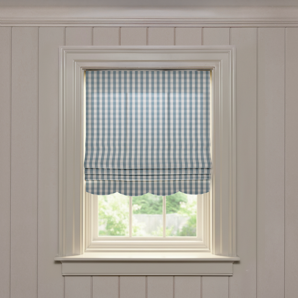 Millie Harbor Scalloped made-to-order Roman shade in soft blue gingham with scalloped hem for custom window décor