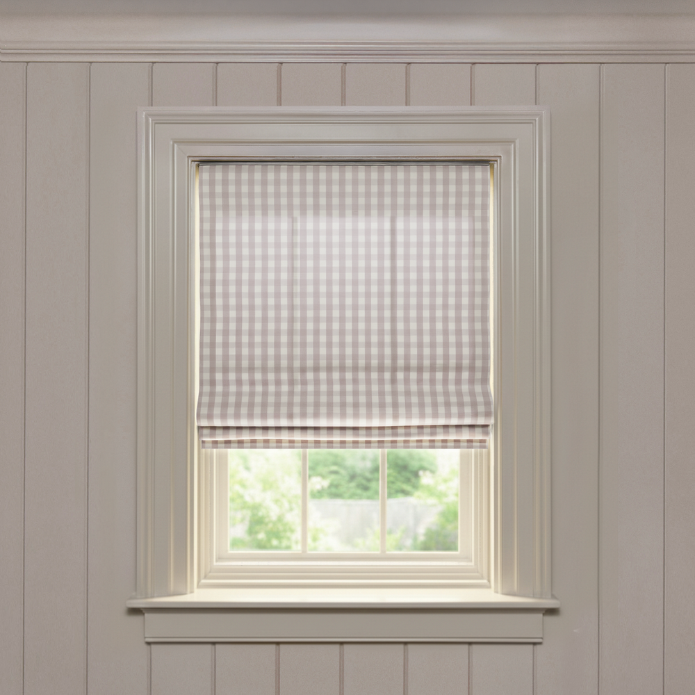 Millie Orchid Flat custom Roman shade in soft woven fabric with subtle orchid plaid pattern, made-to-order window treatment