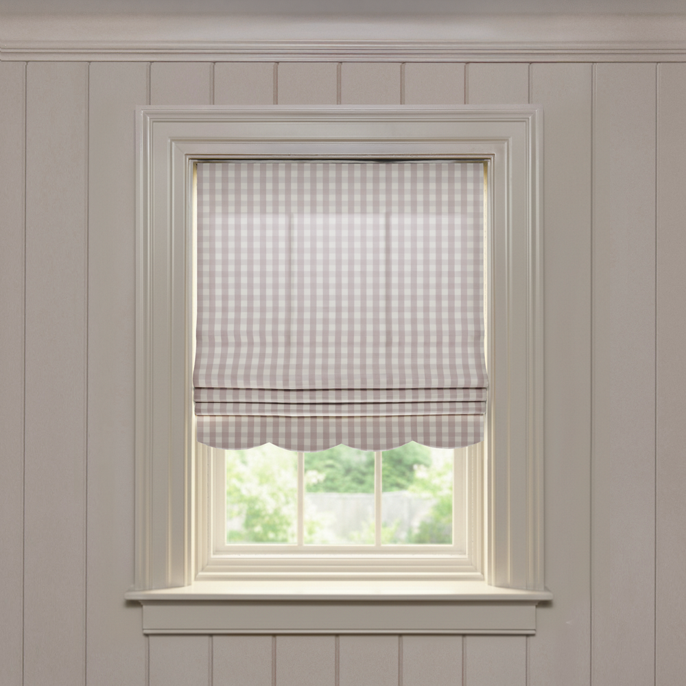 Millie Orchid Scalloped custom Roman shade in soft orchid gingham with scalloped hem, made-to-order window treatment