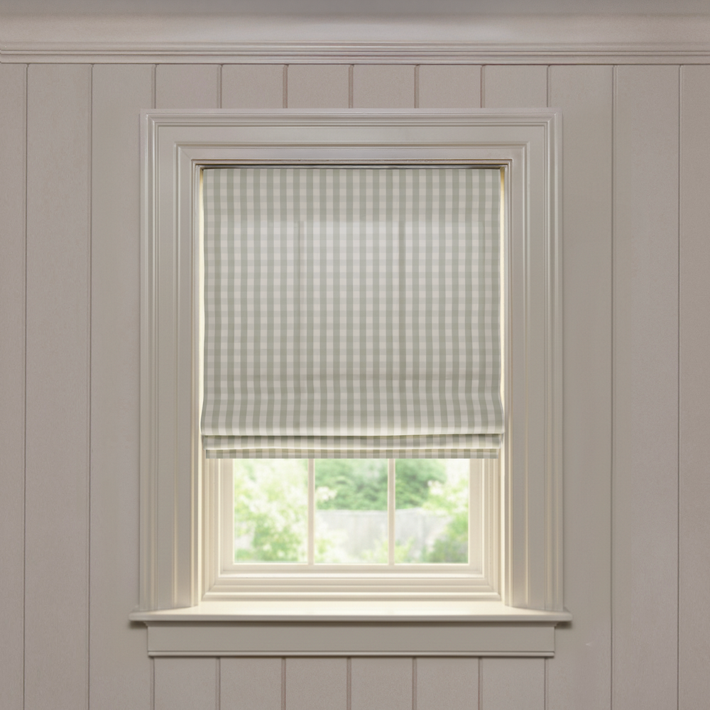 Millie Sage Flat custom Roman shade in soft woven fabric with subtle sage gingham pattern, made-to-order window treatment