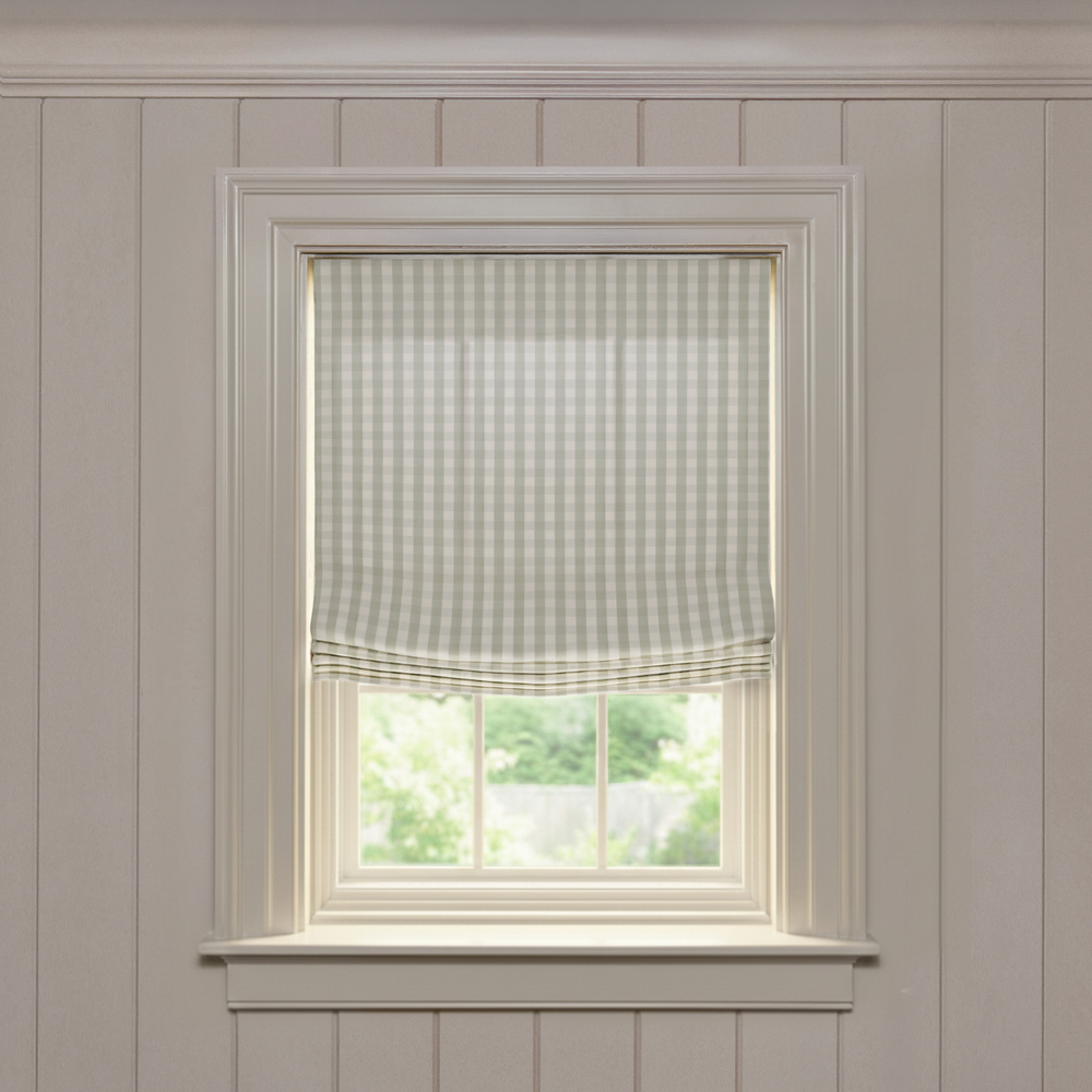 Millie Sage Relaxed custom Roman shade in soft sage gingham, made-to-order quality window treatment with relaxed fit style