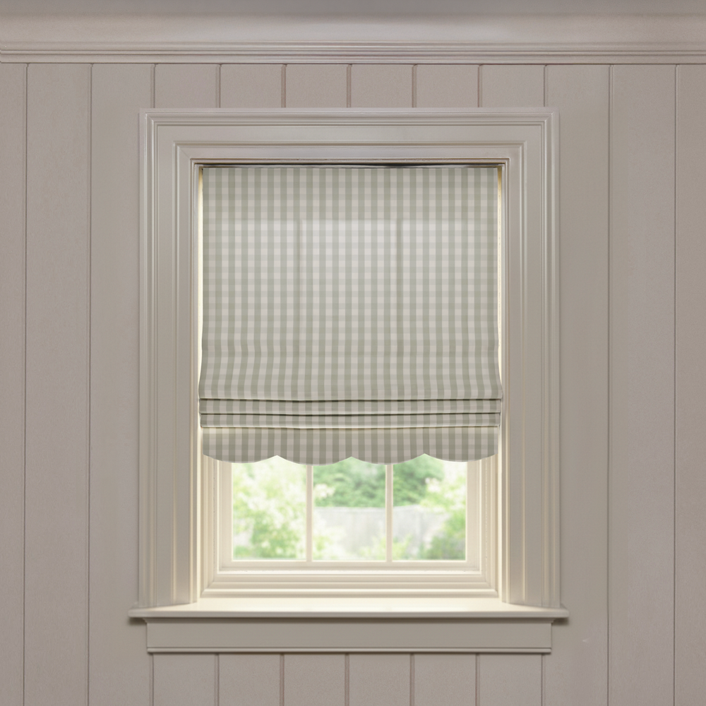 Millie Sage Scalloped custom Roman shade in soft sage gingham with scalloped hem, quality made-to-order window treatment