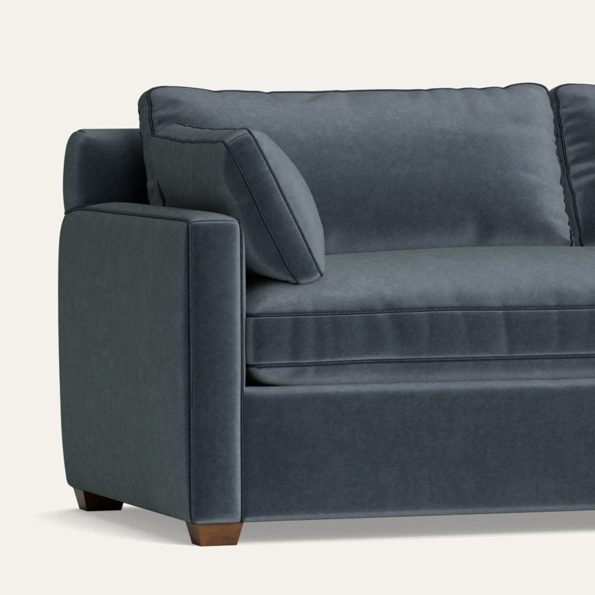 Baltic Velvet dark blue velvet sectional, made to order and manufactured in the USA with short lead times