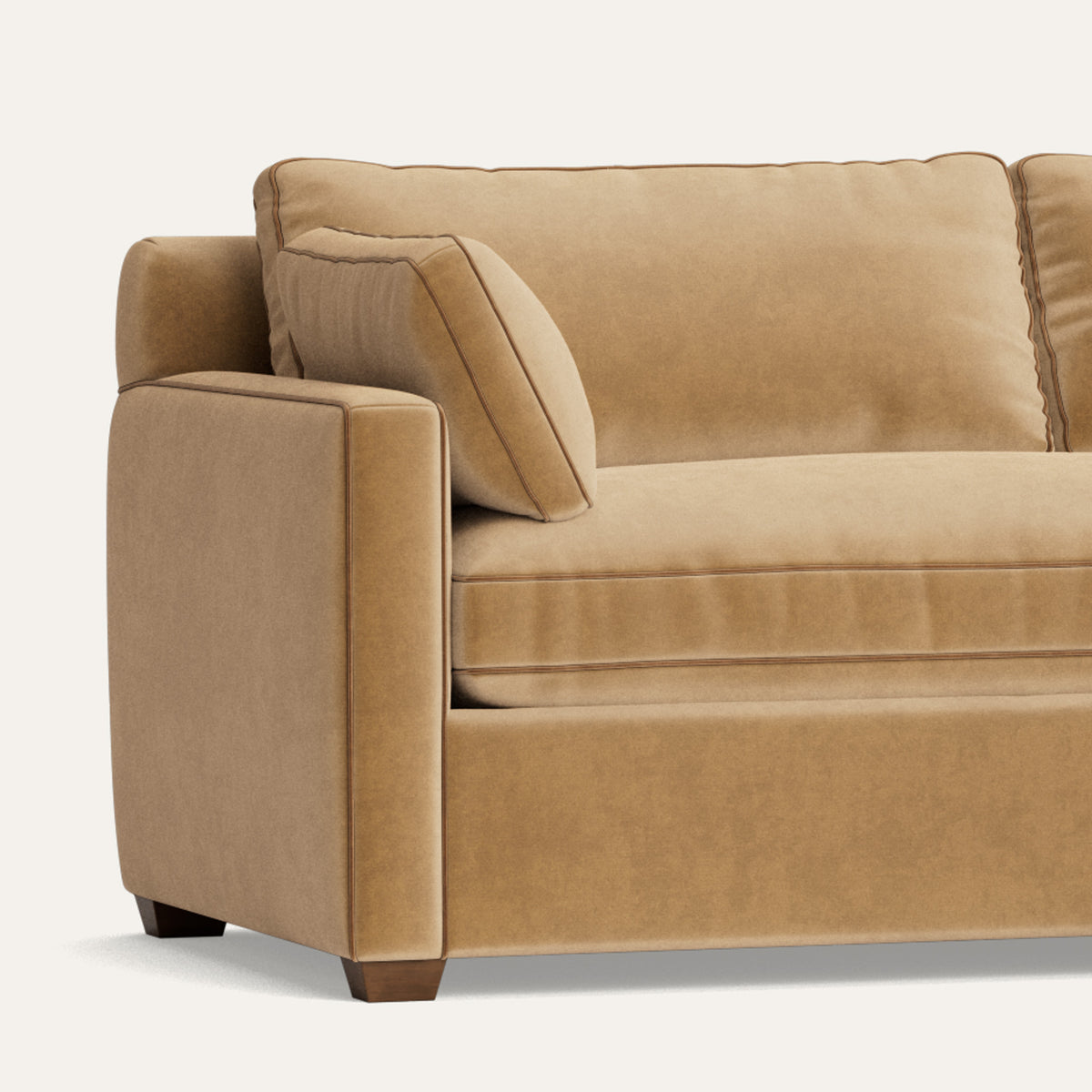 Camel Velvet sectional in tan velvet, made-to-order in the USA with short lead times