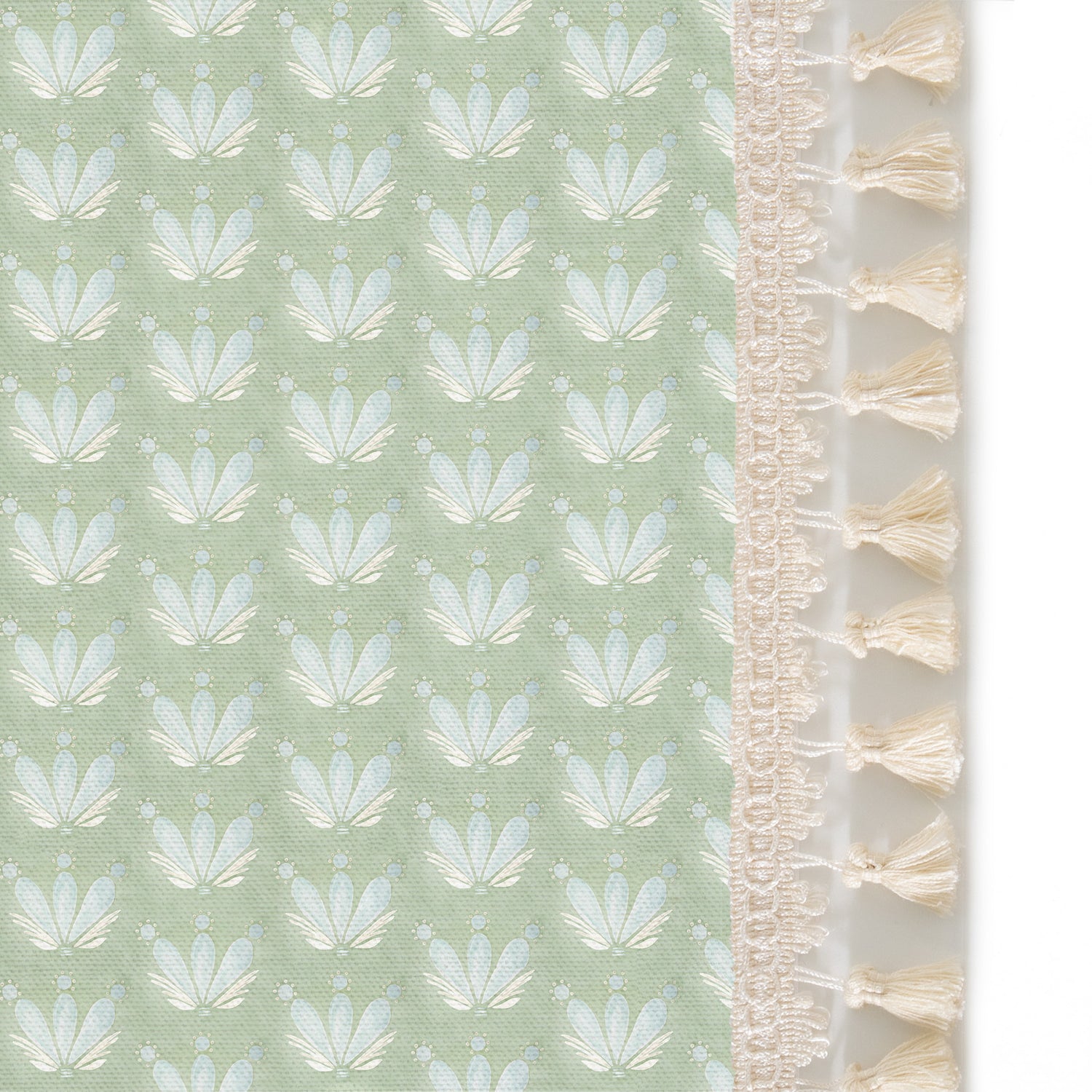 Upclose picture of Serena Sea Salt custom shower curtain with cream tassel trim
