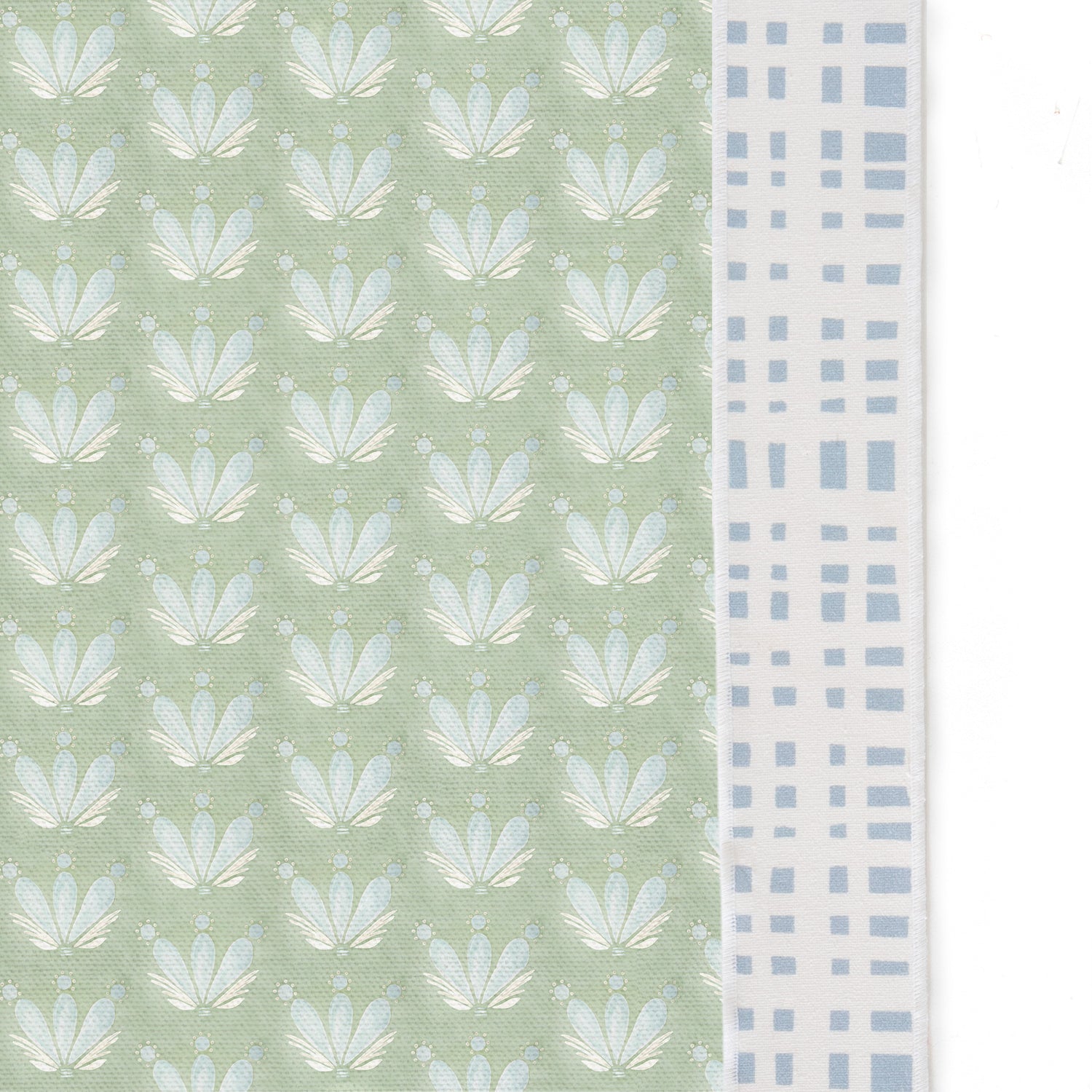 Upclose picture of Serena Sea Salt custom Coastal Inspired Green and Blueshower curtain with ginger sky band trim