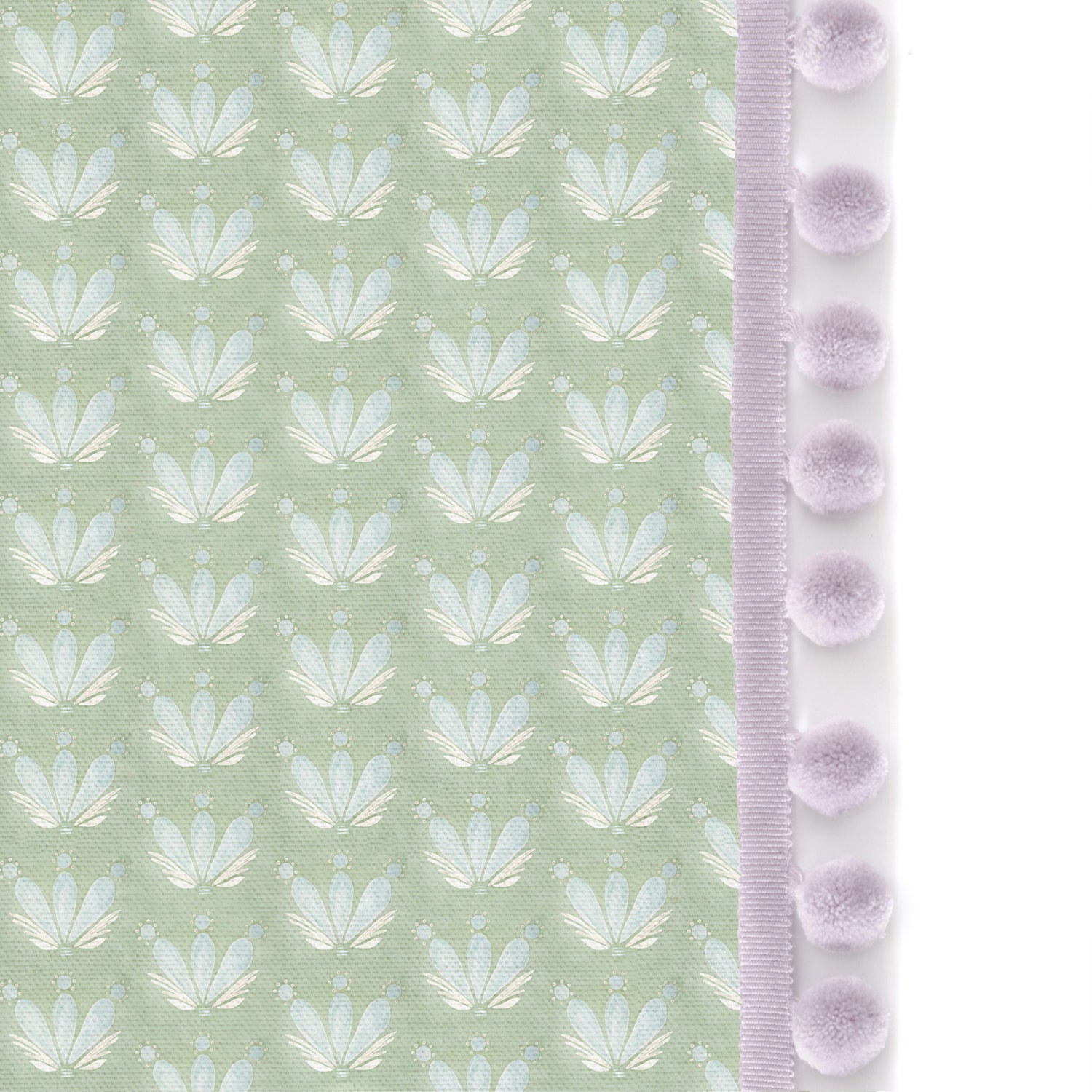 Upclose picture of Serena Sea Salt custom shower curtain with lilac pom pom trim