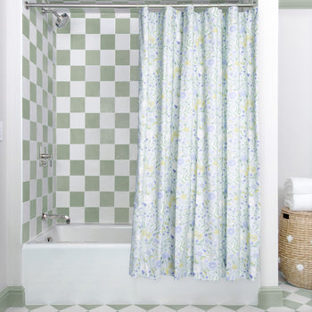 Lulie Eggshell Unlined custom shower curtain in soft floral design by Pepper Home for a fresh bathroom look