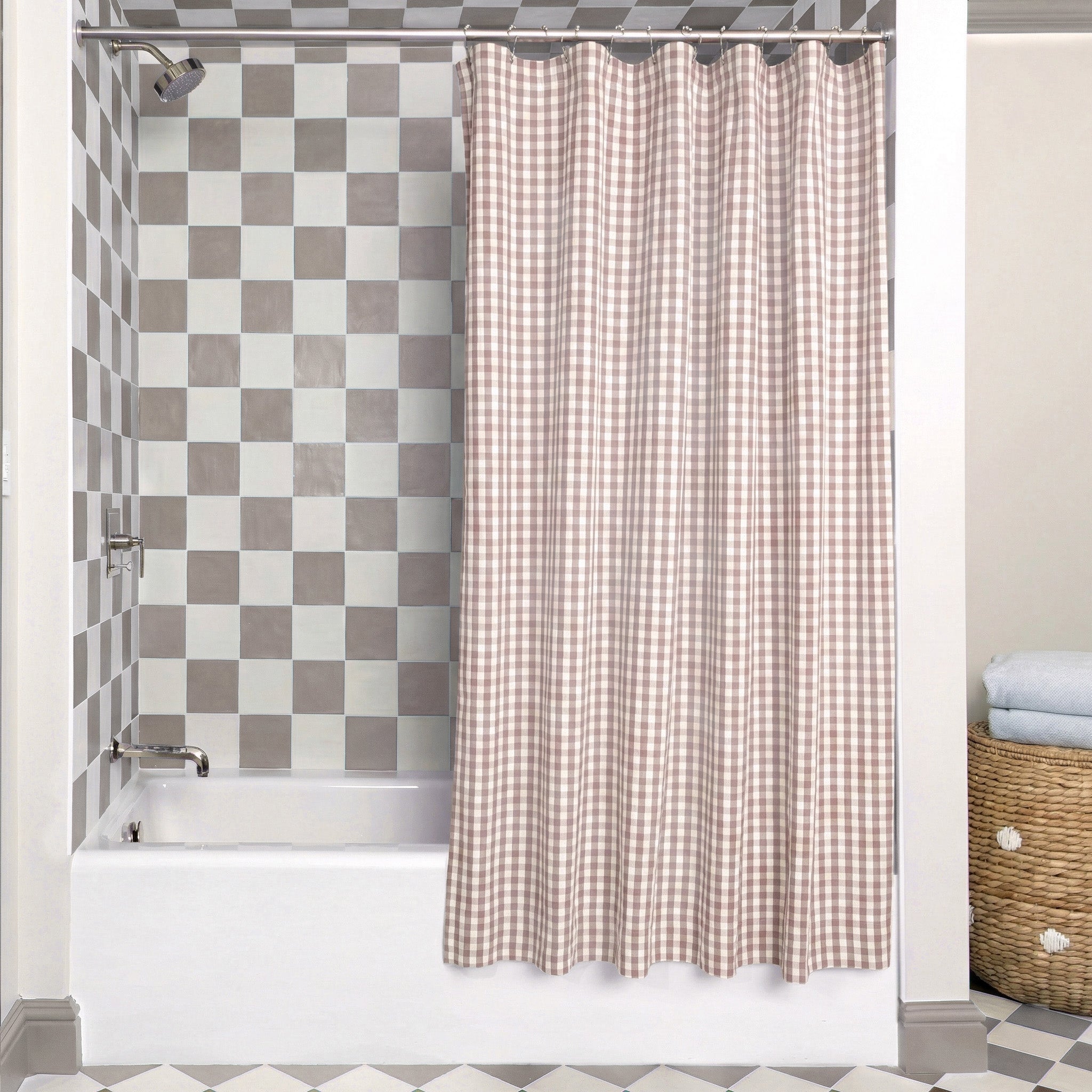 Millie Orchid Shower Curtain showing a pink gingham shower curtain in a neutral checkered bathroom.
