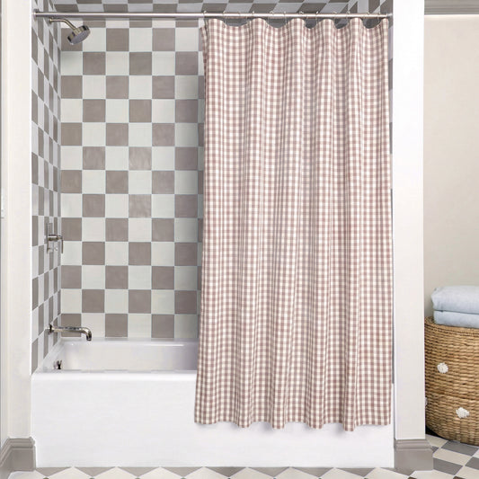 Millie Orchid Shower Curtain showing a pink gingham shower curtain in a neutral checkered bathroom.