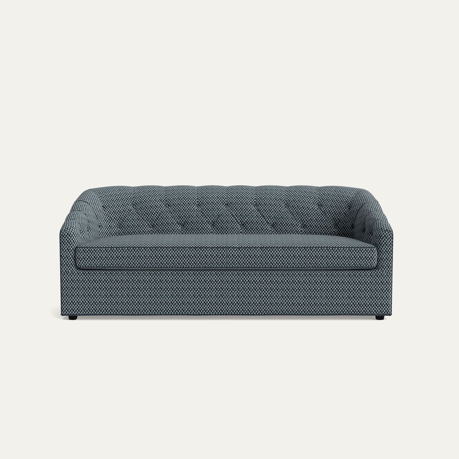 Quinn Aegean sofa in textured blue chenille jacquard fabric with tufted back, made-to-order, fast delivery, made in the USA