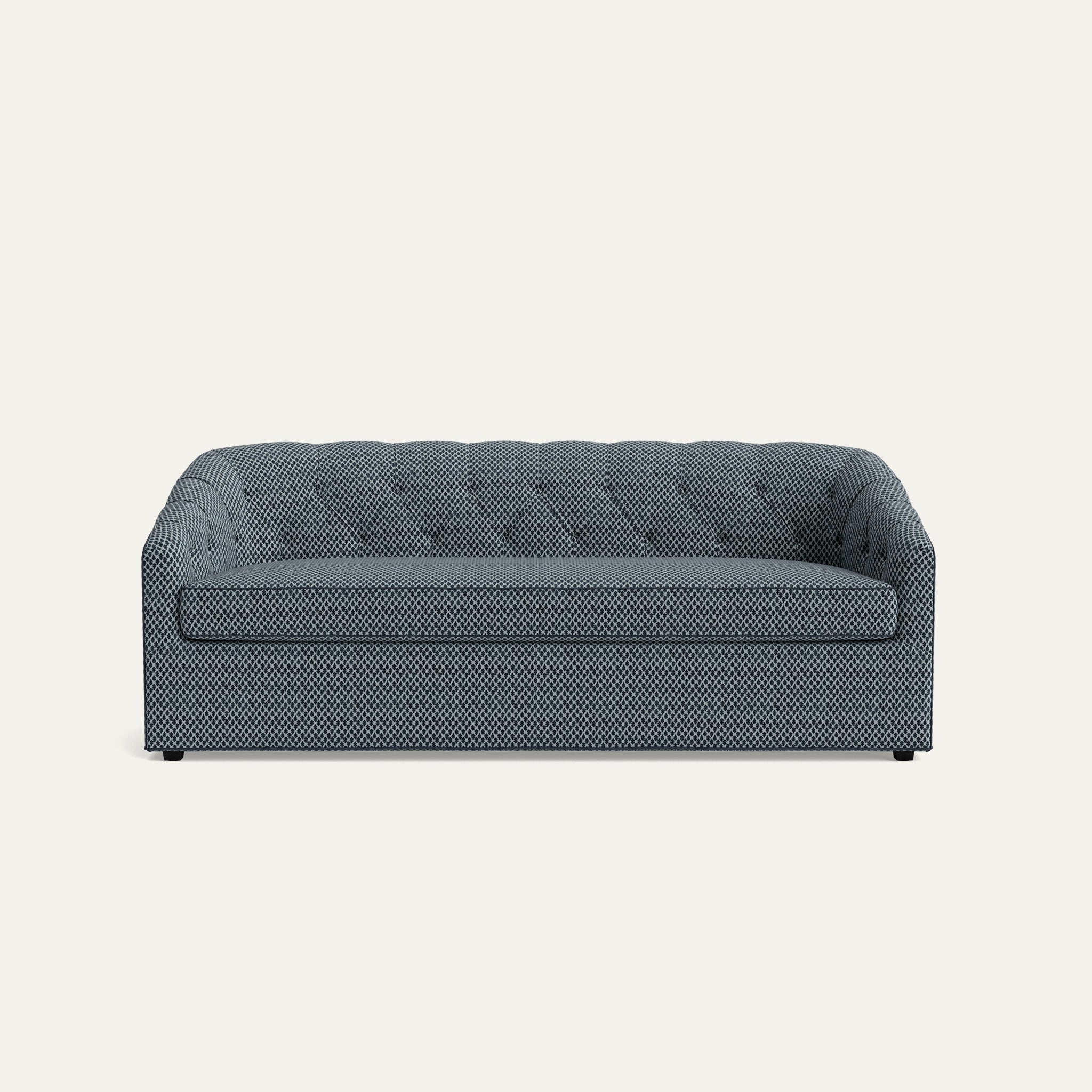 Quinn Aegean sofa in textured blue chenille jacquard fabric with tufted back, made-to-order, fast delivery, made in the USA