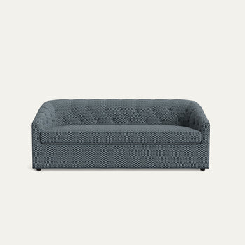 Quinn Aegean sofa in textured blue chenille jacquard fabric with tufted back, made-to-order, fast delivery, made in the USA