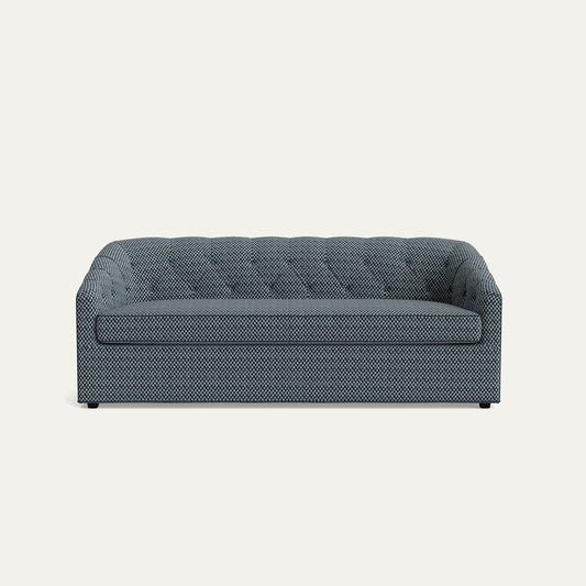 Quinn Aegean sofa in textured blue chenille jacquard fabric with tufted back, made-to-order, fast delivery, made in the USA