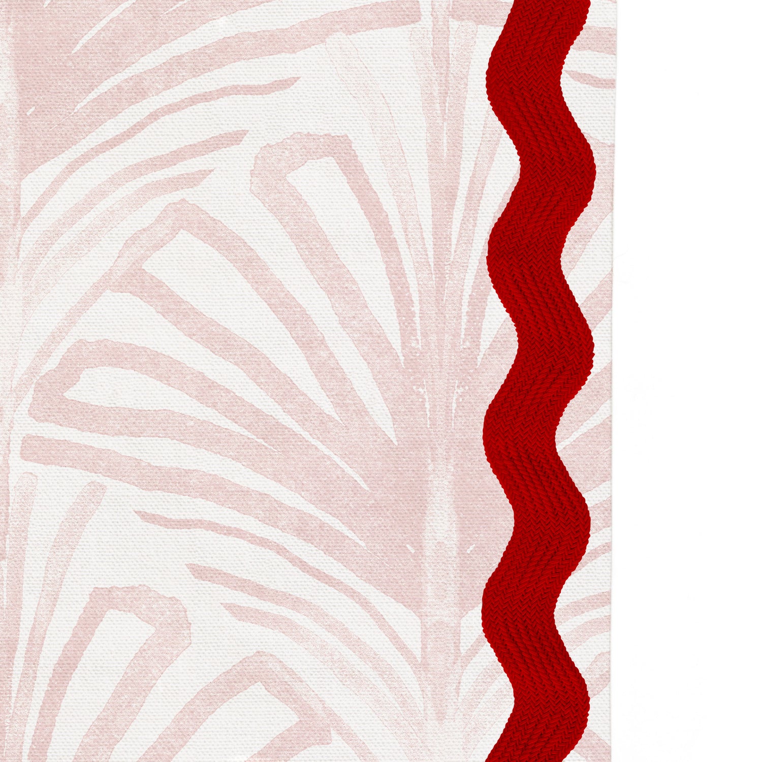 Upclose picture of Suzy Rose custom shower curtain with cherry rick rack trim