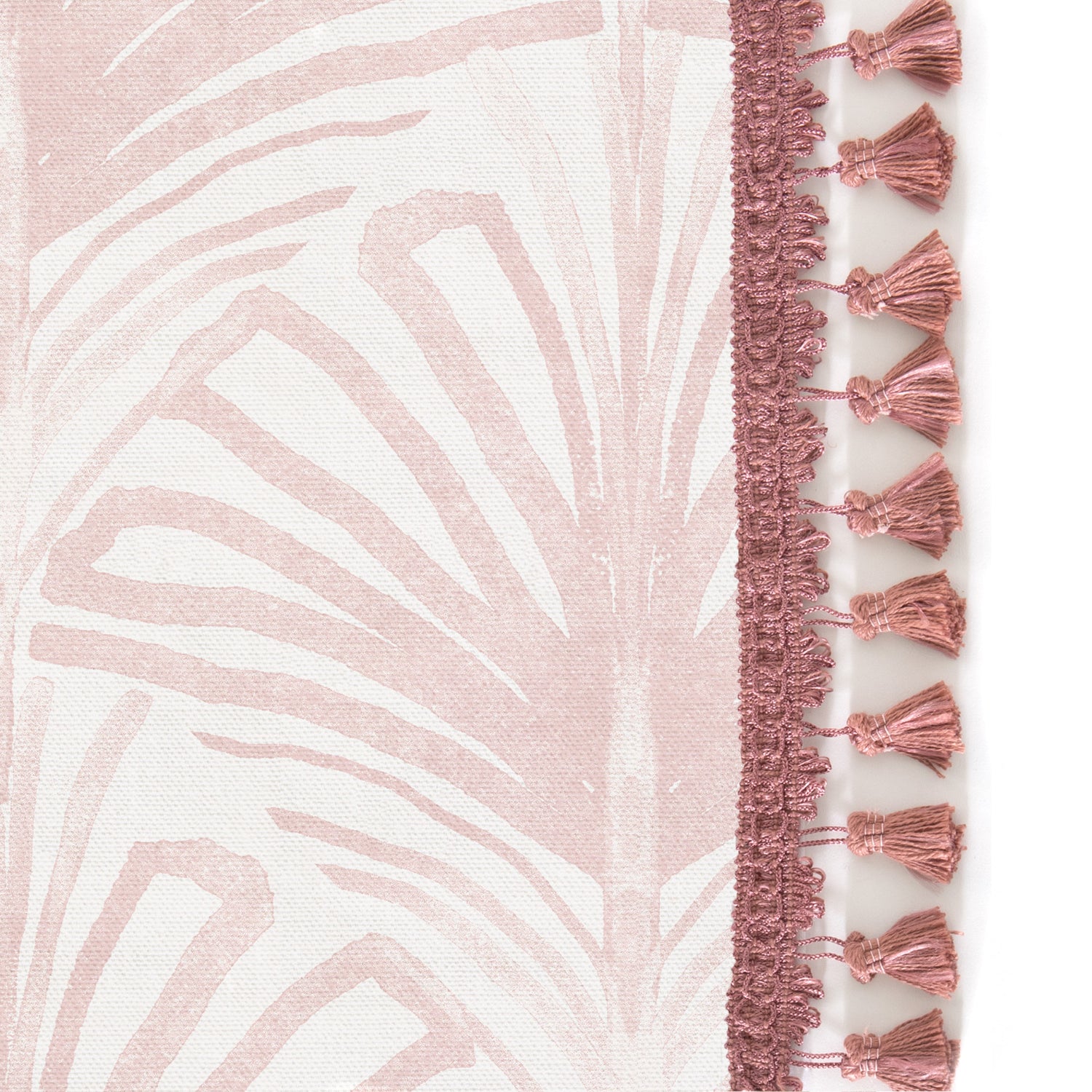 Upclose picture of Suzy Rose custom shower curtain with dusty rose tassel trim