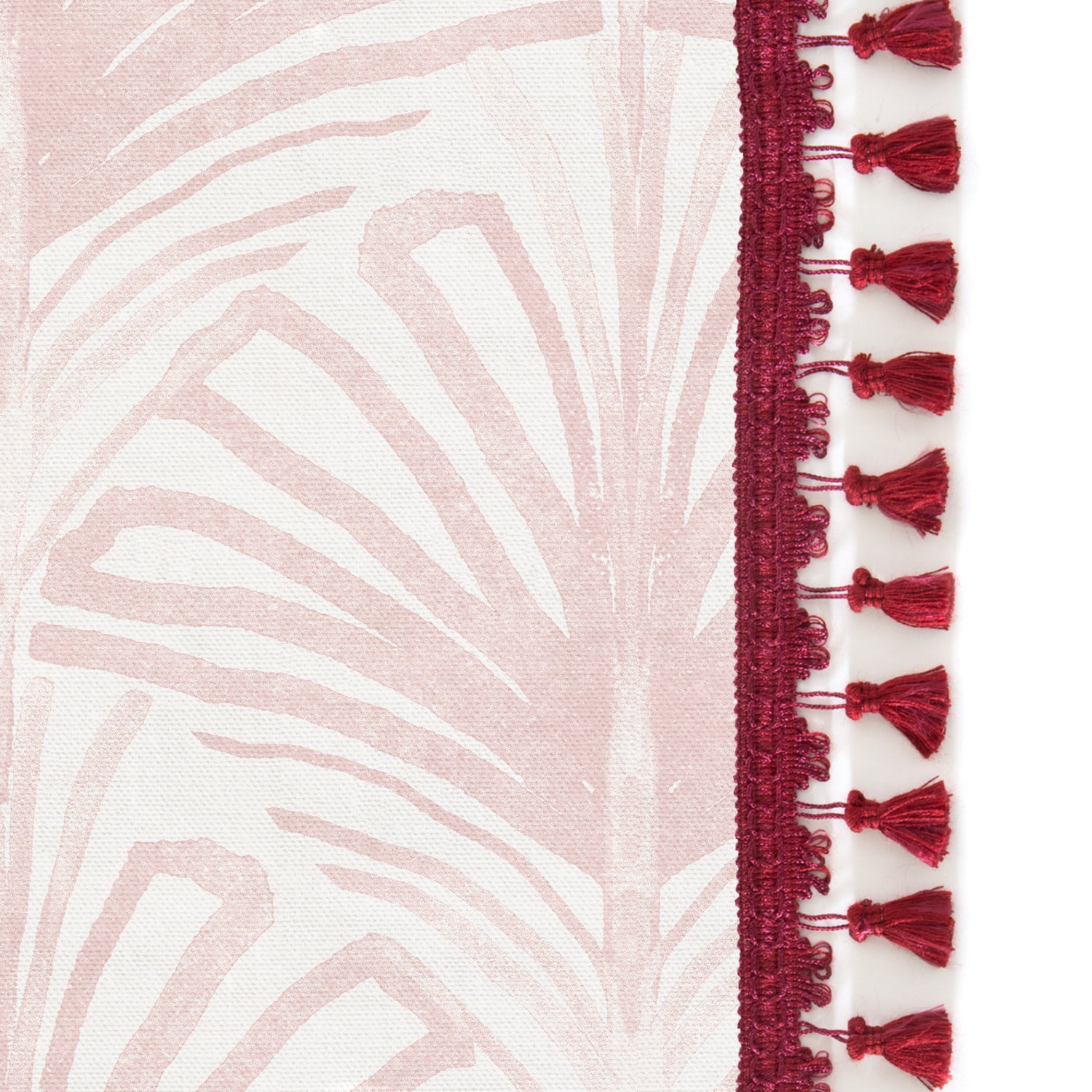 Upclose picture of Suzy Rose custom shower curtain with rose raspberry tassel trim