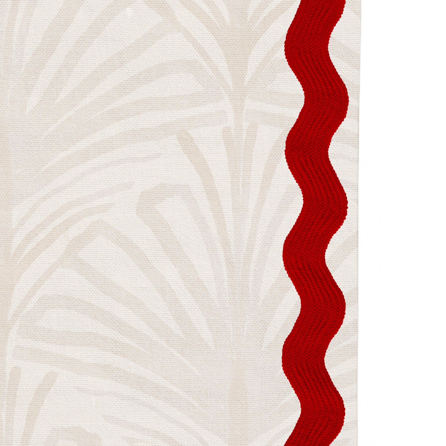Upclose picture of Suzy Sand custom Beige Palmshower curtain with cherry rick rack trim