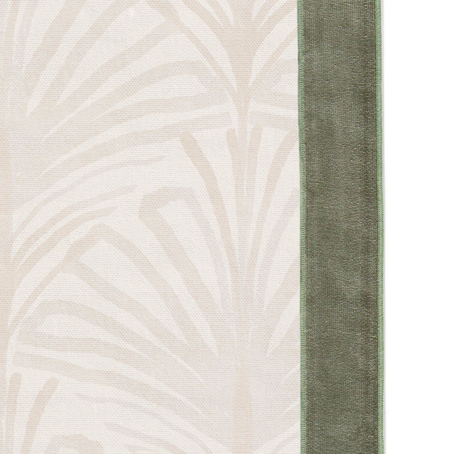 Upclose picture of Suzy Sand custom Beige Palmshower curtain with fern velvet band trim