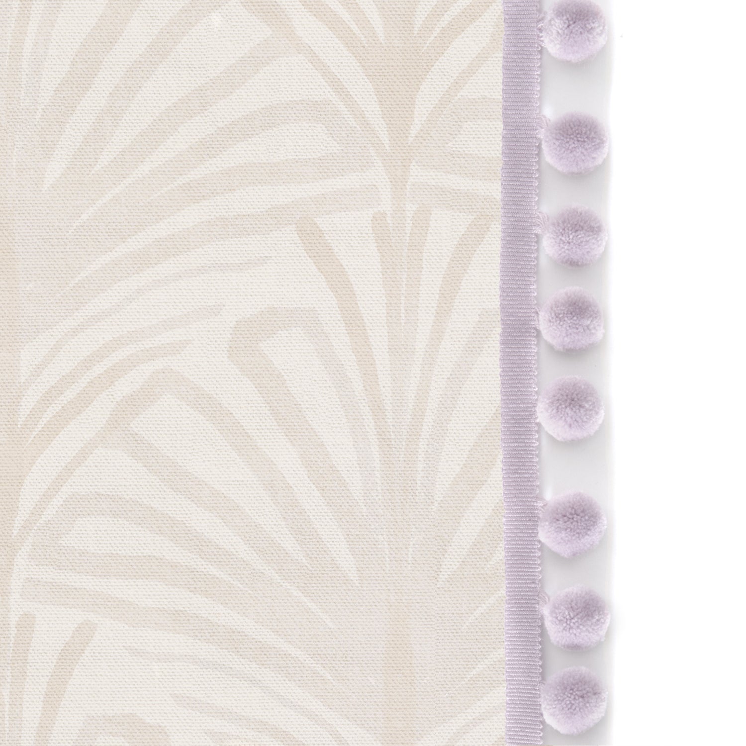 Upclose picture of Suzy Sand custom Beige Palmshower curtain with lilac pom pom trim