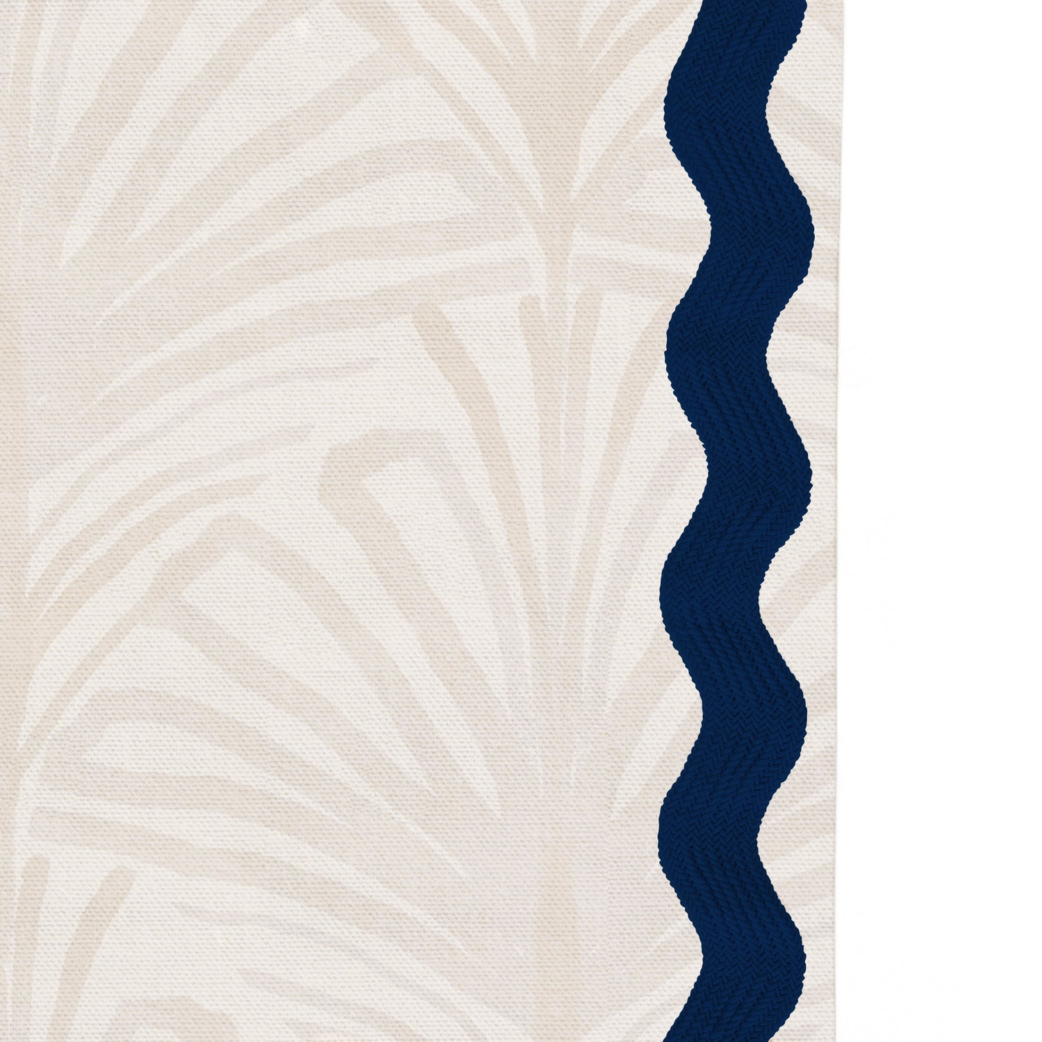 Upclose picture of Suzy Sand custom Beige Palmshower curtain with midnight rick rack trim