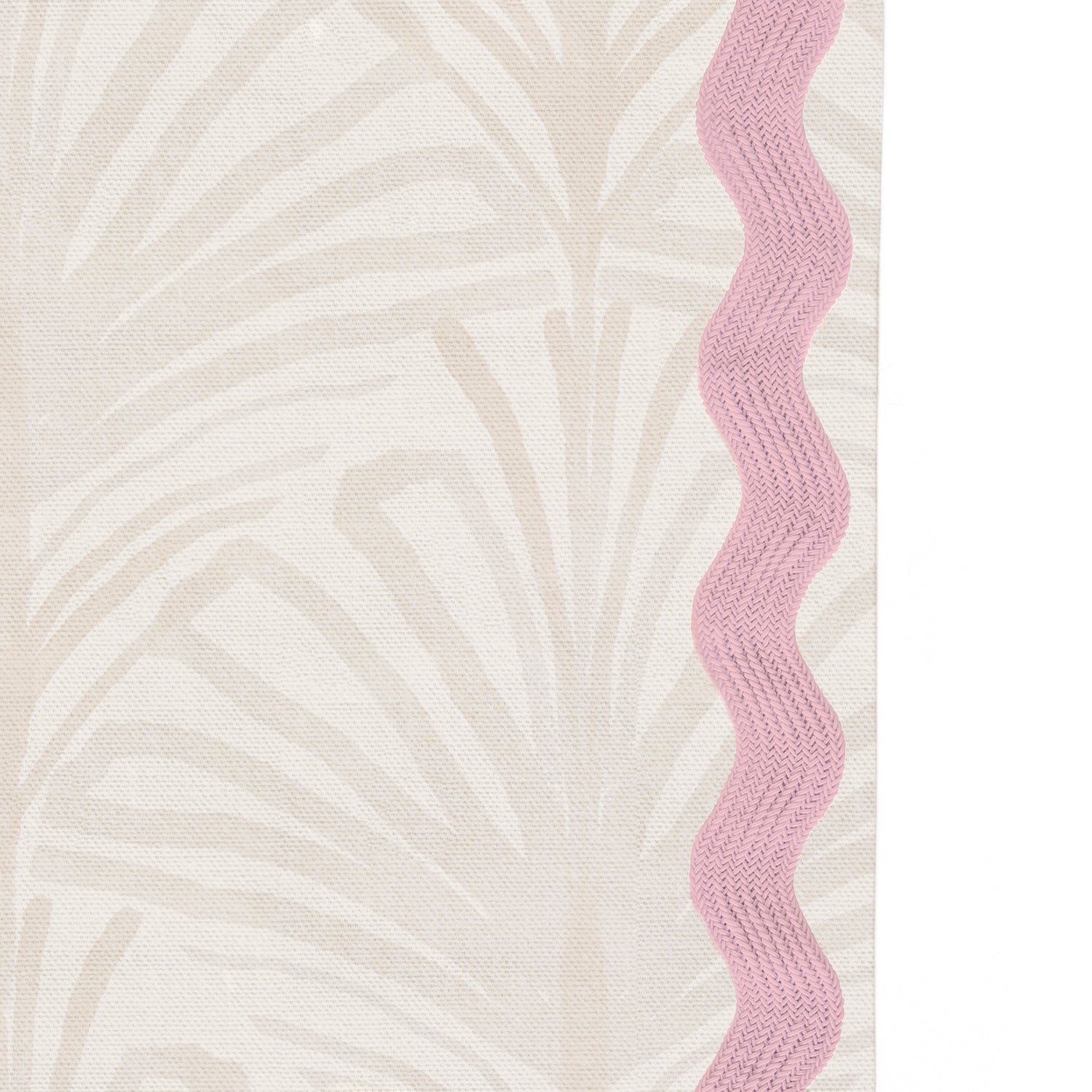 Upclose picture of Suzy Sand custom Beige Palmshower curtain with peony rick rack trim