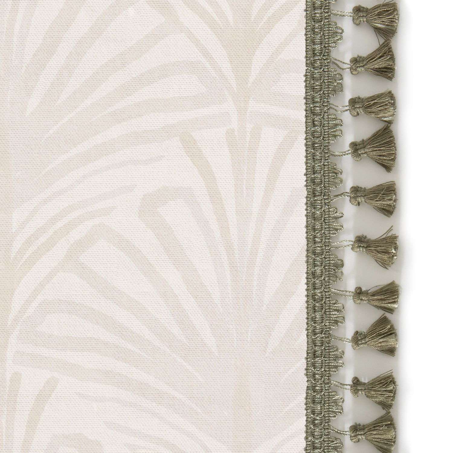 Upclose picture of Suzy Sand custom Beige Palmshower curtain with sage tassel trim
