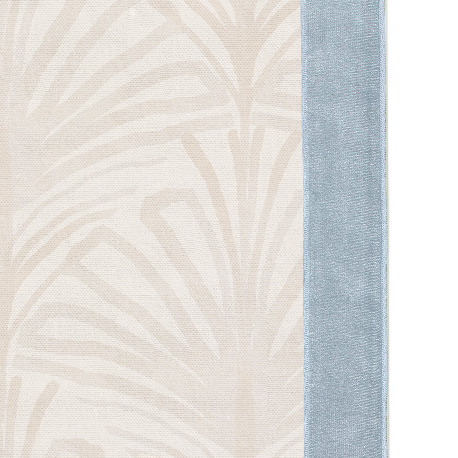Upclose picture of Suzy Sand custom Beige Palmshower curtain with sky velvet band trim