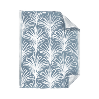 hand drawn wallpaper swatch with blue and silver palm pattern on it 