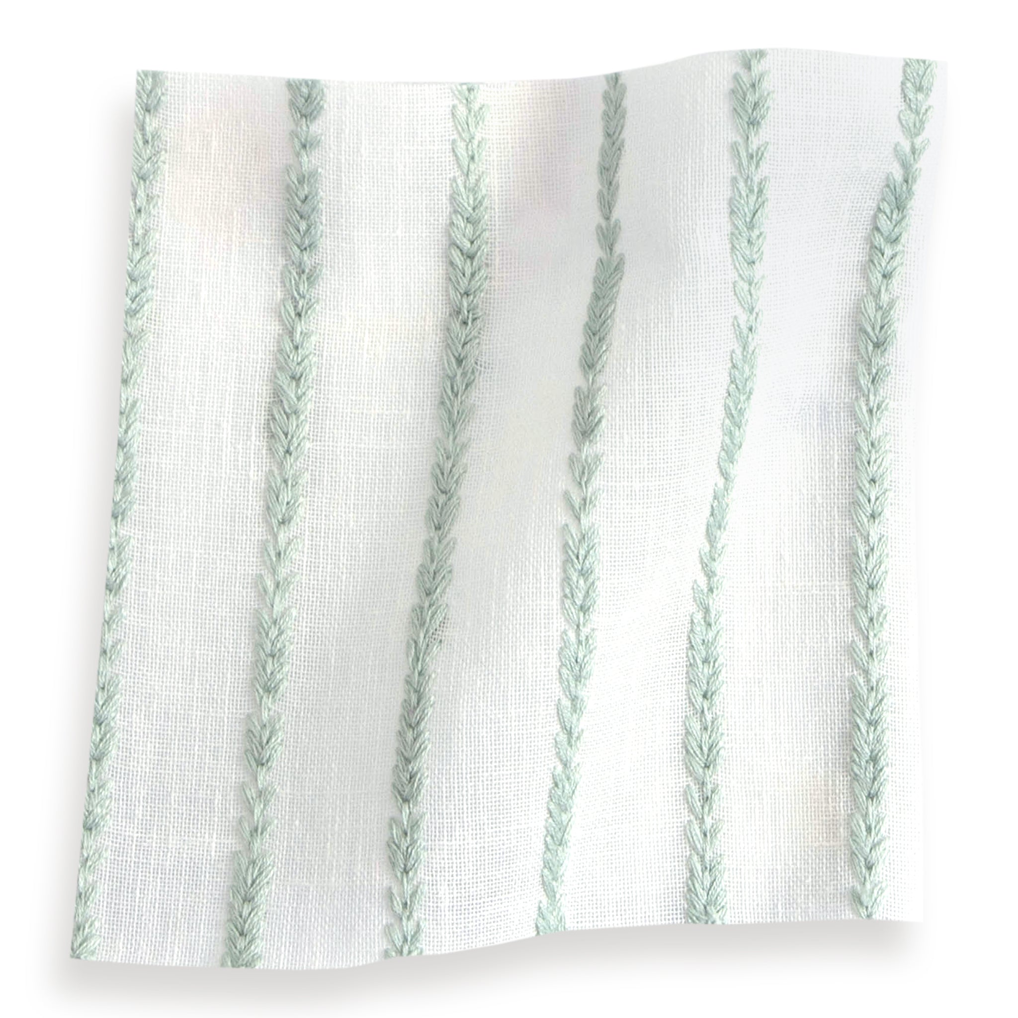 sheer white fabric swatch with embroidered mint green stripes 