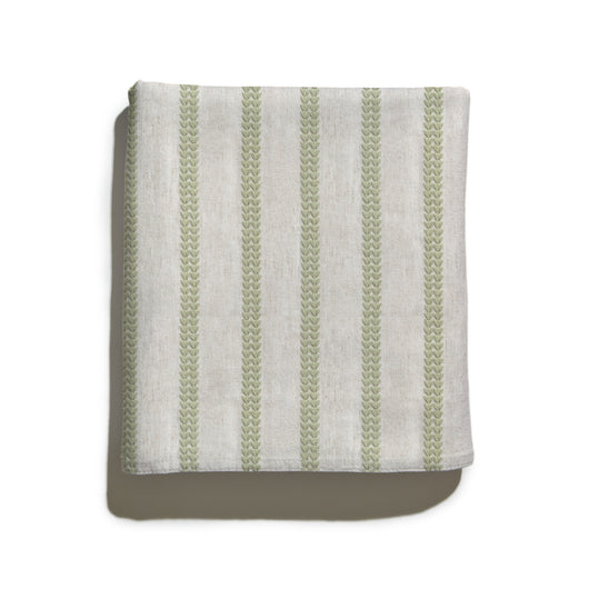 Vivienne Pistachio fabric with custom embroidered stripes on a soft green linen-blend, perfect for Pepper Home curtains.