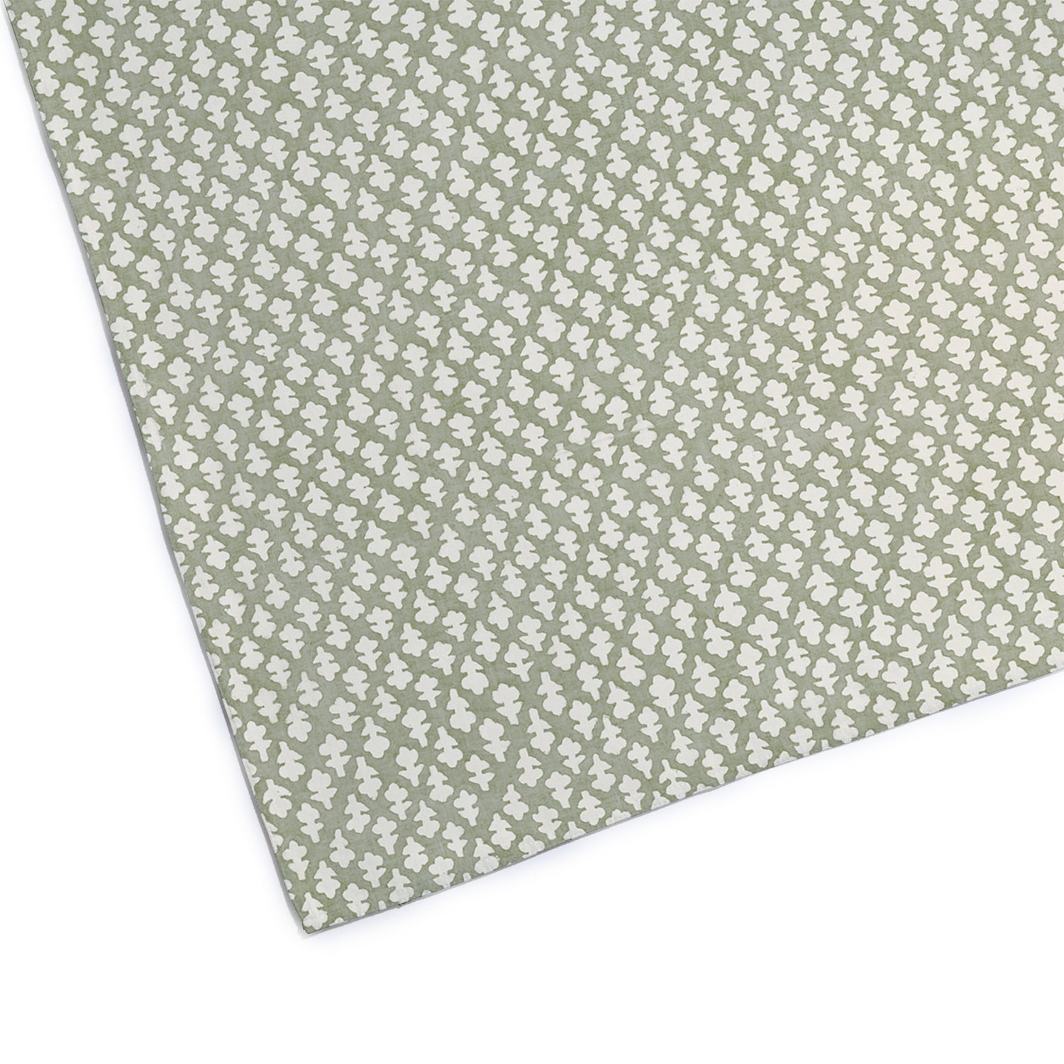 Quinn Eucalyptus soft cotton fabric with a subtle leaf pattern in muted green, made-to-order quality design
