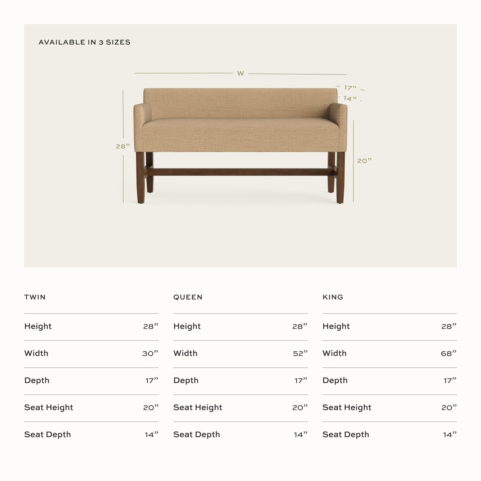 Quinn Chestnut bench in warm chestnut fabric with wooden base, made-to-order, short lead times, manufactured in the USA